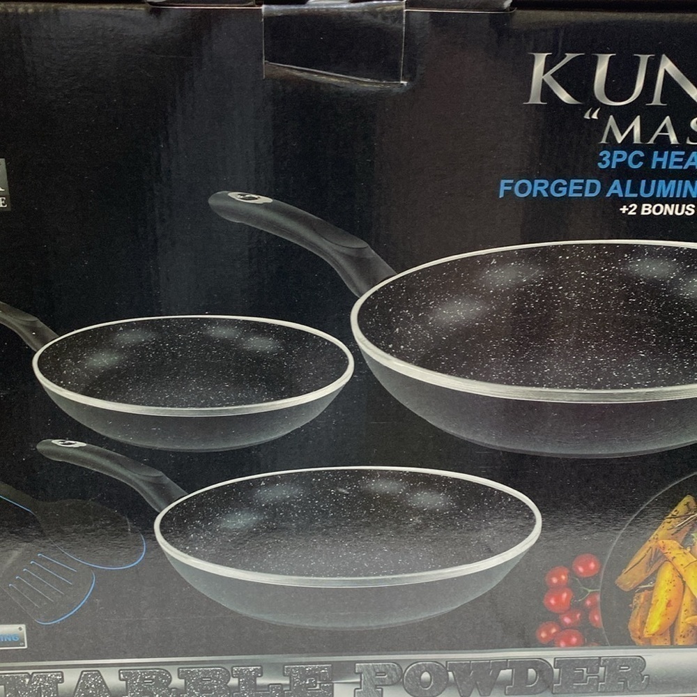 $99 NEW! Heavy Duty Forged Aluminum Fry Pan 3 Piece Set + 2 Bonus Utensils - Picture 4 of 13